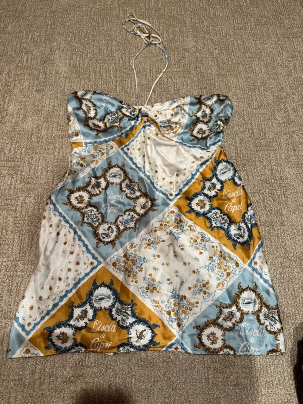 Reformation sorrentine mini dress halter silk 12 blue gold white floral